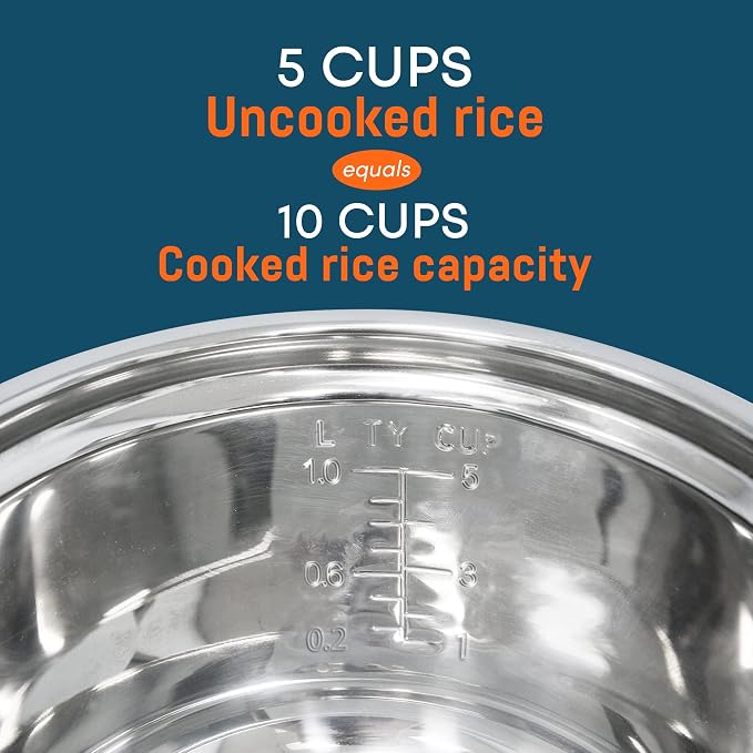 Elite Gourmet ERC-2010 Rice Cooker, Stainless Steel, White, 10 Cups Cooked | Keep Warm - Also Makes Soups, Stews, Grains and Cereals for Versatile Everyday Family Cooking
