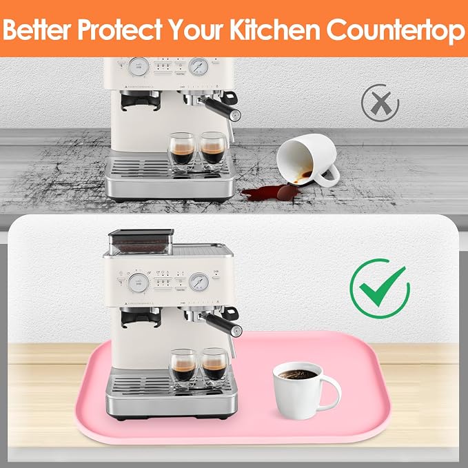 Silicone Coffee Maker Mat with Lip for Countertops, 24'' x 16'', Pink | Multi leak-proof coffee tray for countertop, non-slip silicone mat fits most coffee makers & espresso machines, wipe-clean