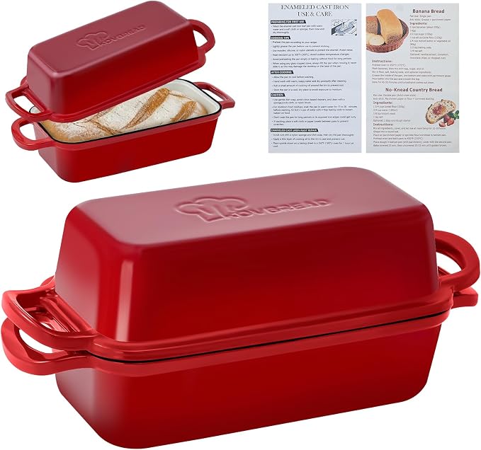 Cast Iron Loaf Pan with Lid 10x5 Inch Enameled Bread Loaf Pan for Sourdough, 2 Piece Set, Red