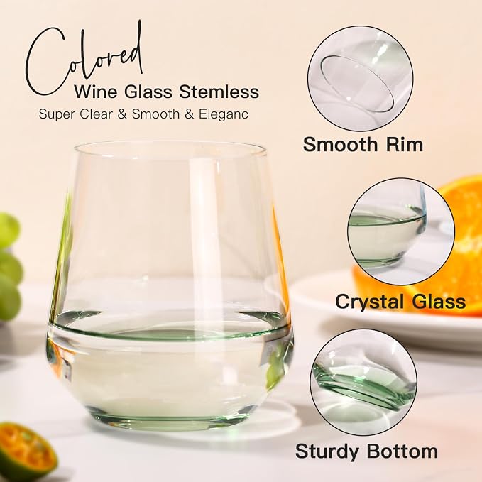 JOVGANK Colored Stemless Wine Glasses Set of 6 - Hand Blown White Red Stemless Wine Glass - 17 oz, [Lead-Free Crystal Glass] Large Short Glass Tumblers, Gift for Housewarming and Mother's Day