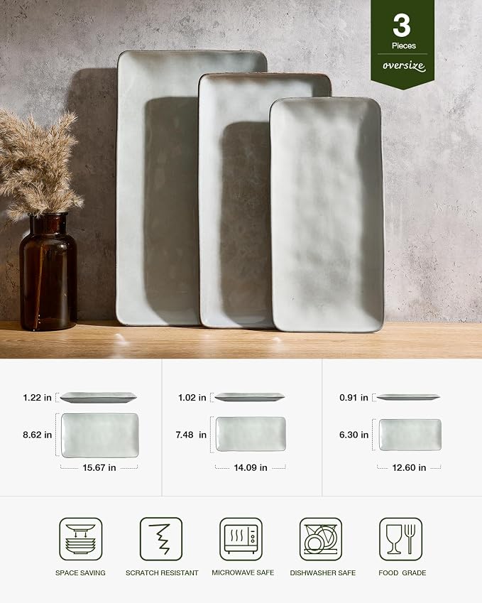 Famiware Serving Platters Set of 3 Sizes - Rectangular, Grey | 15.67"/14.1"/12.6" Fine Stoneware Serving Trays for Party, Entertaining for Food, Turkey, Cheese, Microwave Dishwasher Safe