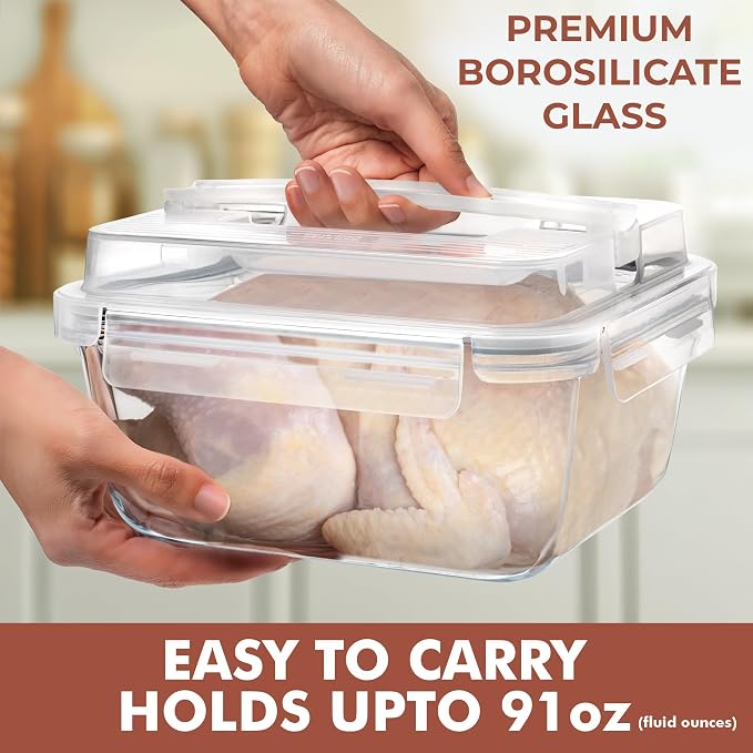 Razab 2700ml / 91Oz / 11.5 Cups Large Glass Food Storage Containers with Lids - Glass Meal Prep Containers for Roasting & Storing Leftover, Glass Lunch Container, Microwave & Oven Safe