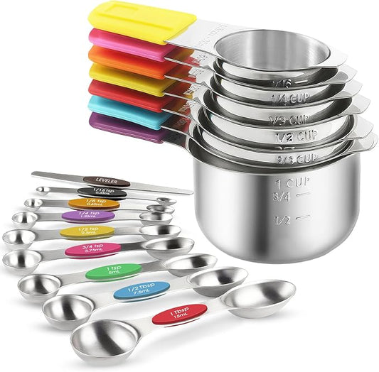 16PCS Magnetic Measuring Cups & Spoons Set,Heavy Duty 304 Stainless Steel，Double Measurement Easy to Read Markings with Leveler for Measure Dry or Liquid Ingredients ﻿