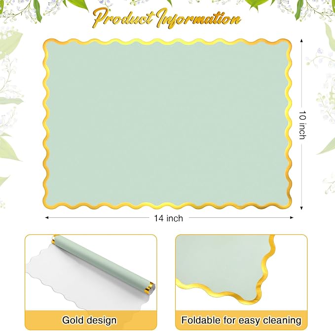 FoldTier 150 Pcs Disposable Paper Placemats Bulk 10"x14" Rectangle Place Mats with Scalloped Edges Dining Table Mat for Wedding Birthday Party Table Decoration(Sage Green)