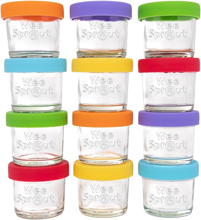 WeeSprout Glass Baby Food Storage Jars with Silicone Lids (4 oz, 12 Pack Set) Snack, Puree, Reusable Small Containers, Breast Milk, Fridge or Freezer, Essential Must Have for Infants