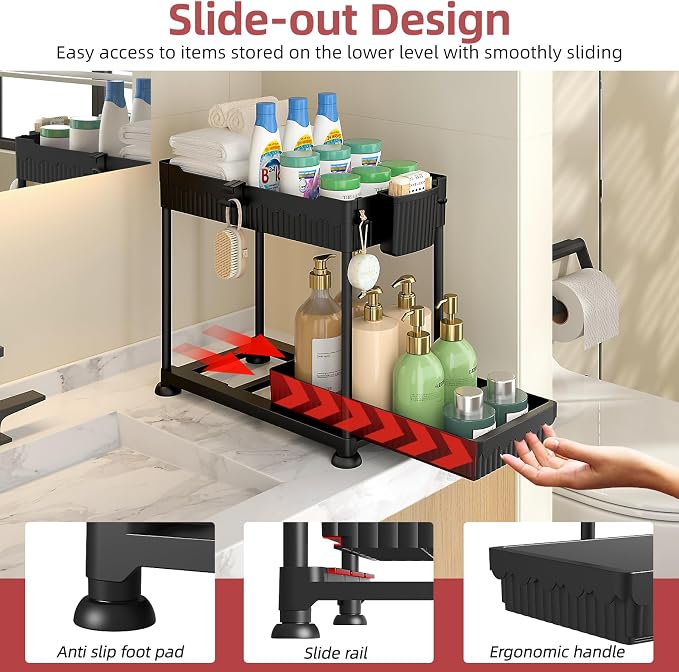 4-Pack 2-Tier Under Sink Organizer with Pull Out Drawers | Multi-use kitchen & bathroom storage. Includes hanging hooks and cups. Black, space-saving cabinet design.