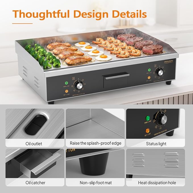 ROVSUN 30" Electric Griddle, Electric Countertop with Half Flat Top Griddle, 3000W Grill Stainless Steel with Adjustable Temperature Control 122°F-572°F for Commercial Home Restaurant, Plug