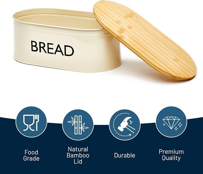 RoyalHouse Premium Metal Bread Box with Bamboo Lid | Stainless Steel Large Bread Bin Storage Container And Organizer for Kitchen Countertop, Vintage Style Kitchen Decor