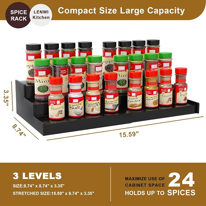 Lenwi Spice Rack Organizer for Cabinet, 3 Tier Expandable Bamboo Spice Storage for Kitchen Cupboard Pantry, Black
