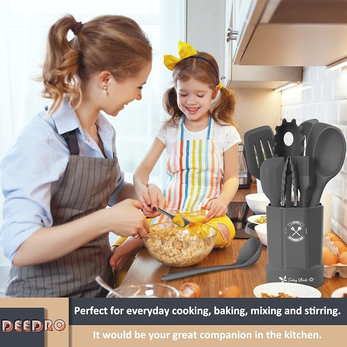 Silicone Kitchen Utensils Set, 16-Piece Silicone Cooking Utensils by Deedro | Heat Resistant Kitchen Tools Set with Holder, Nonstick Spatula Kitchen Gadgets for Cooking & Baking, Gray