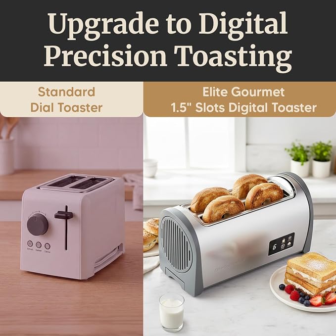 Elite Gourmet Digital 4-Slice Long Slot Toaster, Stainless Steel | Touch Screen LED Display, 6 Browning Levels, Defrost/Reheat, Extra-Wide 1.5" Slots Fit Artisan & Bagel Bread - Modern Design