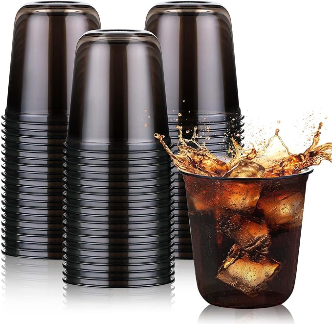 KesaPlan 50Pcs 12oz Black Plastic Party Cups, Disposable Wine Cocktail Cups | Cute Crystal Wine Stemless Glasses, Round Bottom PET Cold Drink Cups for Halloween Graduation Wedding Birthday Meeting Party