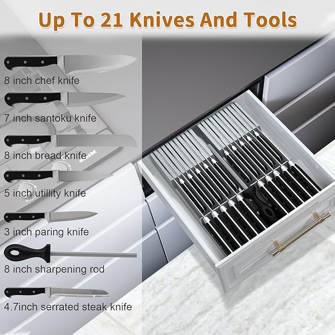NIUXX Knife Drawer Organizer, Large Capacity In-Drawer Knife Block Set | Holds 20 Knives and 1 Sharpening Steel (Not Included), Suitable for Knife Organizer for Kitchen Drawer