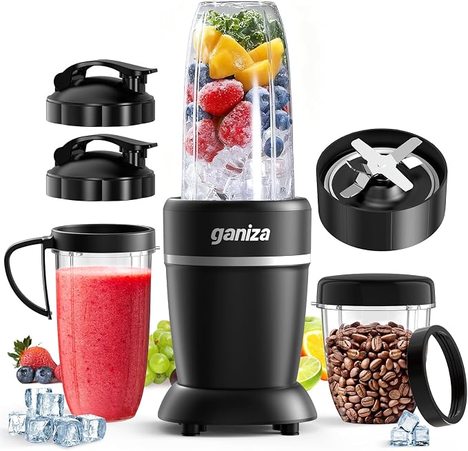 Ganiza Smoothie Blender Max 1300W, Personal Kitchen Blender & Grinder Combo | 23 oz, (2) 37 oz To-Go Cups, 6-Leaf Blade, Portable Maker for Smoothies, Shakes, Frozen Drinks, Sauces, Coffee Beans, Nuts