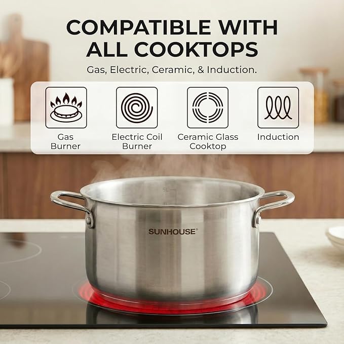 SUNHOUSE 6.5 Quart Stock Pot with Lid, Stainless Steel Pots for Cooking | Ultra thick 5-ply Base 18/10 Heavy Bottom Stainless Steel Pots for Canning, Boiling - Oven Safe & Induction Compatible