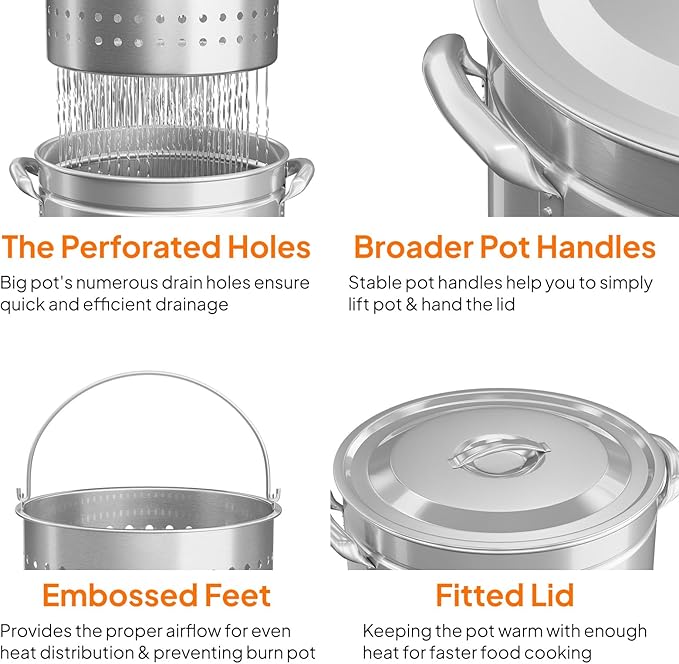 Bonnlo 102QT Stainless Steel Stock Pot for Boiling Seafood, Crawfish lobster & Crab, Frying Turkey & Steaming Tamales, Large Boil Pot with Steamer Basket, Lid, Lifting Hook for Outdoor Cooking Patio