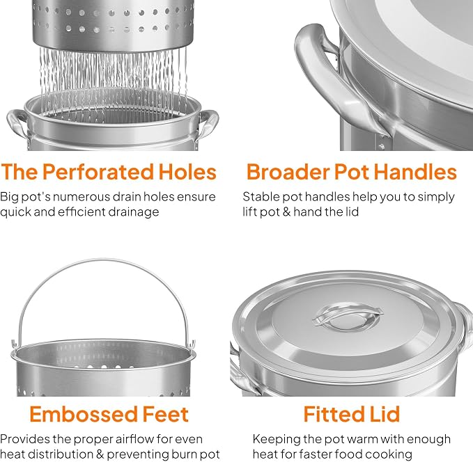 Bonnlo 50QT Turkey Fryer Pot with Steamer Basket, Lid & Lifting Hook, Stainless Steel Seafood Boil-Pot for Lobster, Crab & Shrimp, Heavy-Duty Deep Stockpot for Outdoor Boiling, Cooking & Frying
