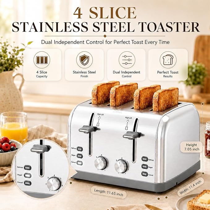 Toaster 4 Slice Retro Stainless Steel,Best Prime 4 Slice Toaster Wide Solt with 7 Shade Settings, Perfect for Waffles, Bagels and More Lainsten T-527