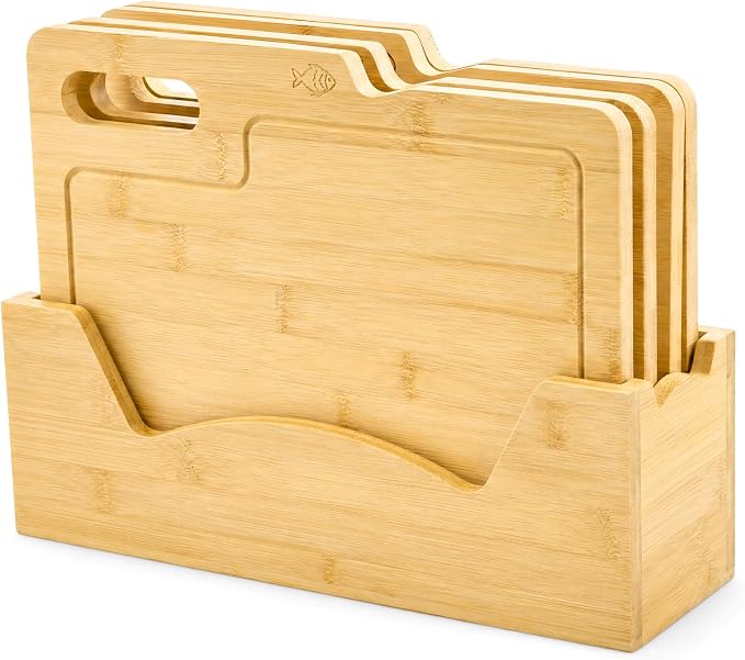 4 Pack 12.5"L x 9.8"W Bamboo Cutting Boards with Holder, Wood Cutting Board Set, Chopping Boards Set with Food Icons, Kitchen Cutting Board Ideal for Meat, Fish, Bread, Vegetable, Fruit