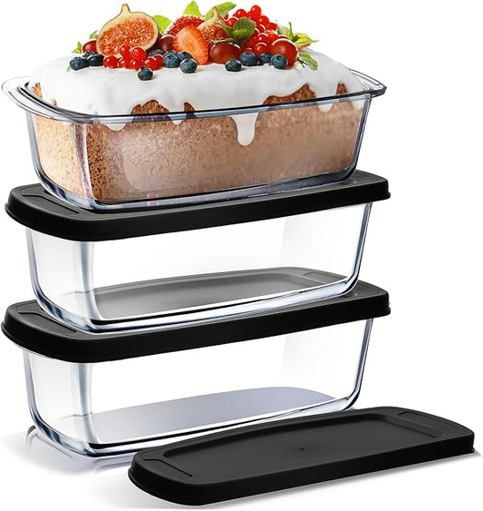 Nestl Set of 3 Glass Bread Loaf Pans for Baking Bread Pans for Homemade Breads, Glass Food Storage Containers with Lids, Glass Baking Dishes for Oven, Pound Cake Pan, Loaf Pan, 1.9 Quart