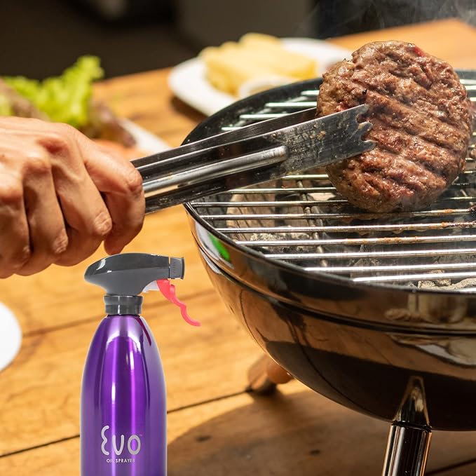 Evo Oil Sprayer 18/8 Stainless Steel, Non-Aerosol for Olive, Cooking Oils, and Vinegars, Purple, 16-Ounce Capacity