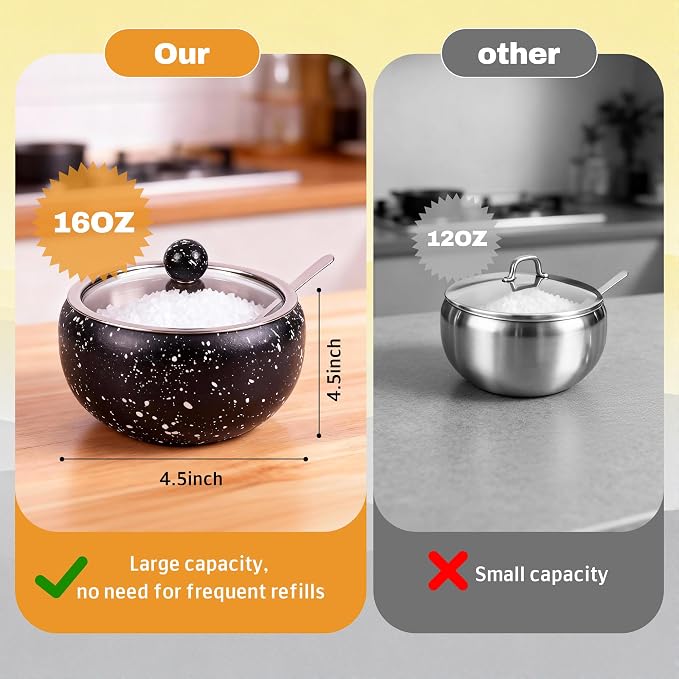 holoith Sugar Container with Glass Lid and Spoon, 16oz Snowflake pattern Stainless Steel Sugar Bowl for Coffee Bar Station Accessories Kitchen Storage for Salt, Candy, Coffee Bean (Black) | 16oz Snowflake pattern Stainless Steel Sugar Bowl for Coffee B...