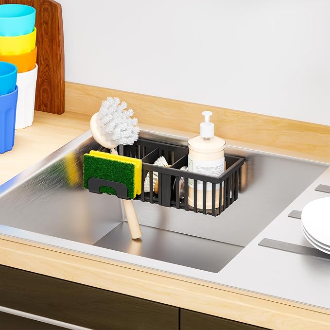 Black In Sink Sponge Holder for Kitchen Sink Organizer,3-In-1 In Sink Caddy with Suction Cups,Plastic Scrub Brush and Sink Ccrub Holder,New Home Must Haves Sponge Caddy,Dish Soap Rack,Dispenser