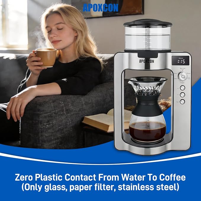 APOXCON Automatic Drip Coffee Maker for Coffee Enthusiasts -Pour Over Coffee Brewer with Programmable Timer, Hand Drip Simulation, Adjustable Strength, Built-in Scale, Glass Water Tank & Carafe