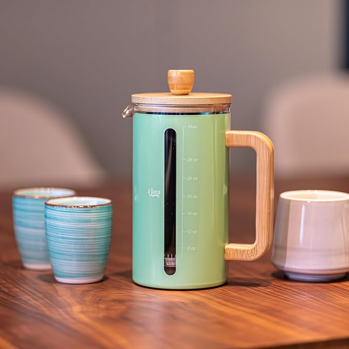 French Press 34 oz Coffee Maker | Mint Green | Thick Borosilicate Glass | Bamboo Handle 2-Layer | Stainless Filter and cover | Easy Clean Eco-Friendly Gift ready Set