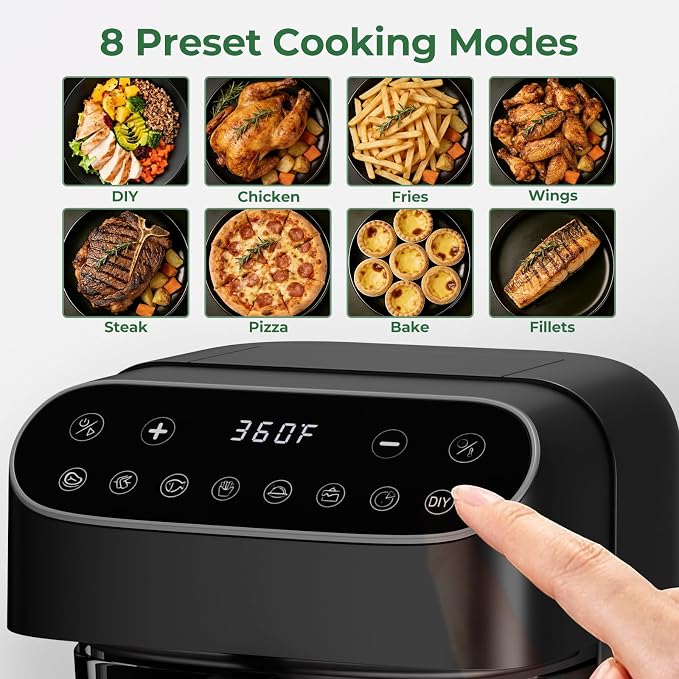 5 QT Glass Air Fryer, Non Toxic Airfryer with Digital Touch Control | 8 Preset Modes, PTFE/PFAS Free, BPA-Free, Uncoated High Borosilicate Glass Basket, Dishwasher Safe, Black