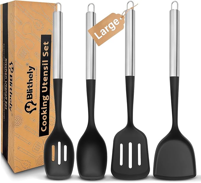 4PCS Silicone Spatula Spoon Set, Large Silicone Cooking Utensils Set with Stainless Steel Handle, Heat Resistant Cooking Spatula Set, Nonstick Solid and Slotted Turners, Serving Spoon (Black Silver)