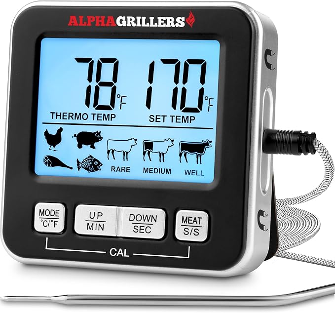Alpha Grillers Meat Thermometer Digital, Wired Probe for Oven & Grill | 7 Preset Temperature Alerts, Timer & Alarm for Cooking, Baking & BBQ