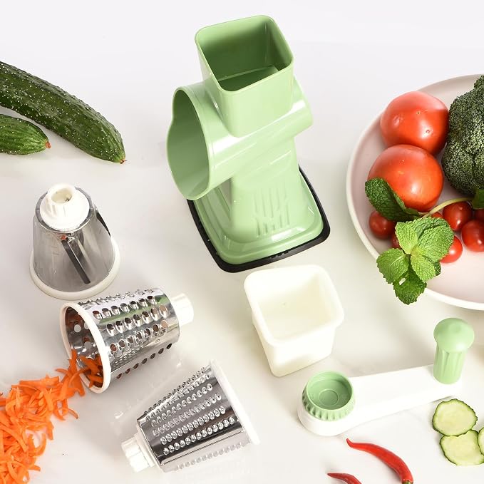 Rotary Cheese Grater Hand Crank Transparent - Shredder Slicer Grinder 3 Stainless Steel Blades, Stable Suction, Labor-Saving Handle, Safe Kitchen Tool for Cheese, Vegetable, Nuts, Chocolate