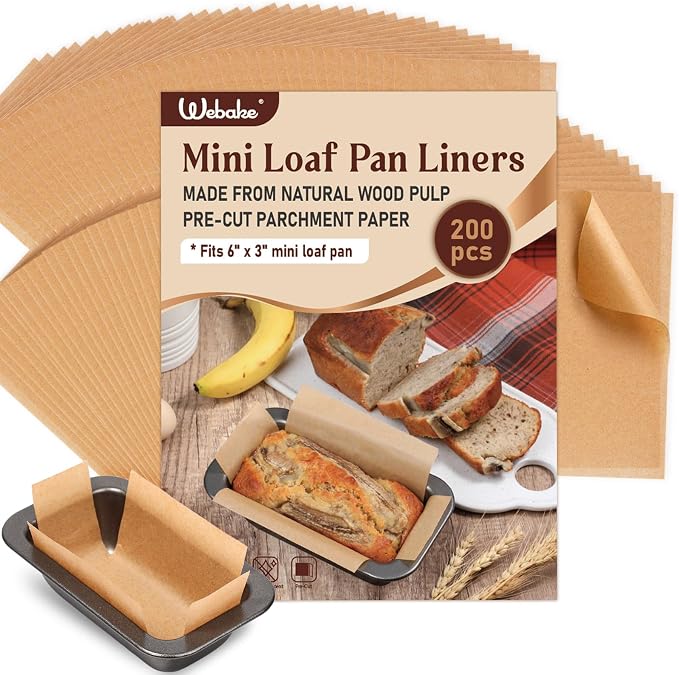 Webake 200Pcs Unbleached Parchment Paper Mini Loaf Pan Liners for 6x3 Small Banana Bread Pan, Original Precut, Non Toxic Baking Paper