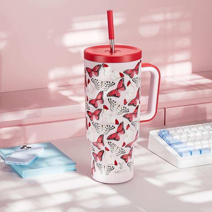 Meoky 40 oz Tumbler with Handle and Straw: Stainless Steel Insulated Tumbler with Lid and Straw - 100% Leak Proof Tumbler for Car Cup Holders - Travelers Commuters Workers, Red Butterfly