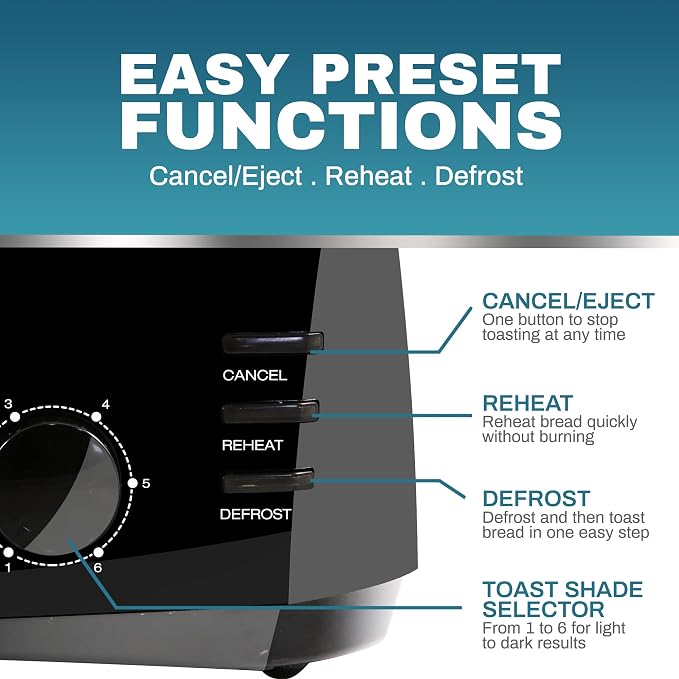 Elite Gourmet ECT4829B 4-Slice Long Slot Toaster, Extra-Wide Slots, Black | 6 Toast Settings, Defrost, Reheat & Cancel Functions, Slide-Out Crumb Tray, Great for Bagels & Waffles