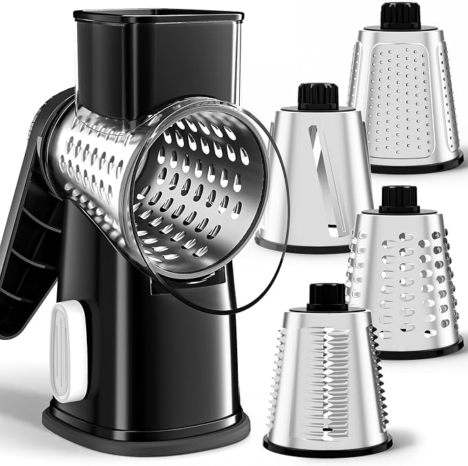 Weltonhm 4 in 1 Large Rotary Cheese Grater Hand Crank (Black 4 Graters) | Cheese Shredder Rotary and Slicer with 4 Stainless Steel Blades for Vegetables, Veggie and Cheese, Stronger Suction Base