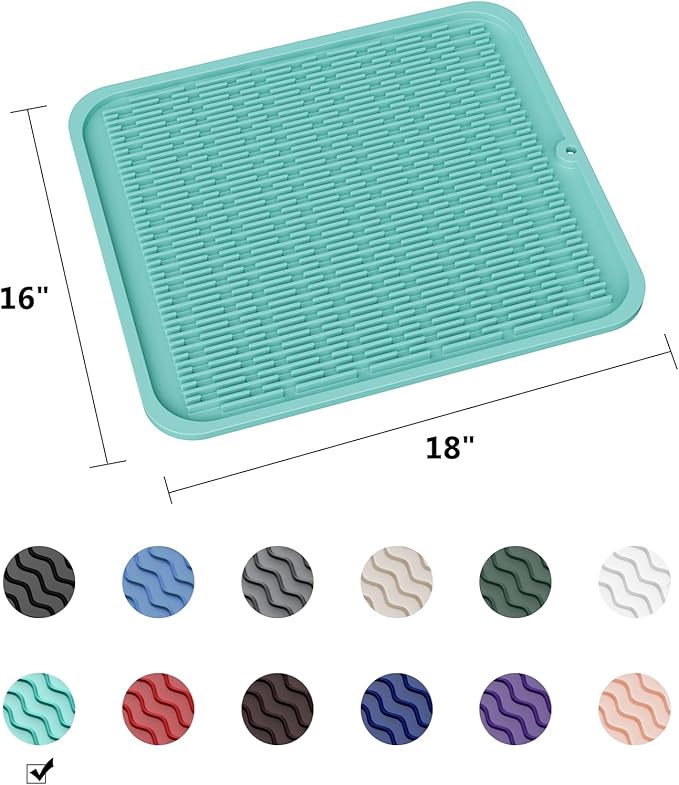 ZLR Oversized Silicone Dish Drying Mat for Kitchen, 16"x18", Mint Green | Family-Size Drainboard for Pots & Pans, Thick 4mm No-Curl, Heat-Resistant Trivet to 450°F, Non-Slip, Rolls to Store
