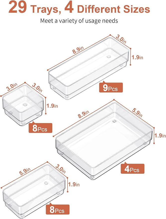 SMARTAKE 29 PCS Drawer Organizer, 4-Size Desk Bathroom Drawer Organizer | 4-Size Storage Tray with Non-Slip Silicone Pads for Makeup, Jewelries, Utensils in Bedroom Dresser, Office and Kitchen Clear