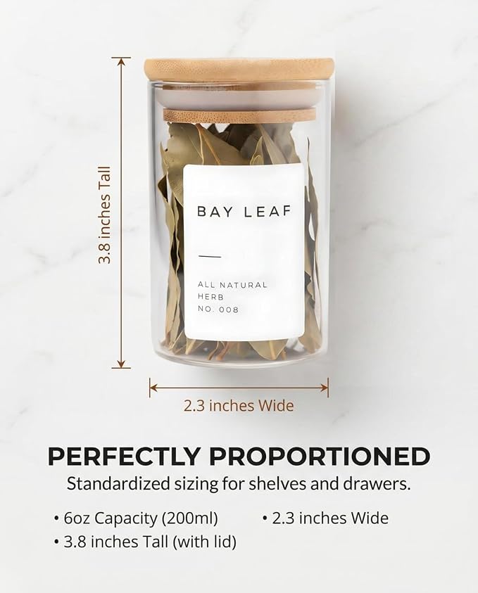 Glass Spice Jars with Label Pack (12x Bamboo Lid Glass Jar) Small 6oz Empty Spice Storage Bottles with 112 Printed Stickers and 48 Writable Pantry Labels for Seasoning Containers