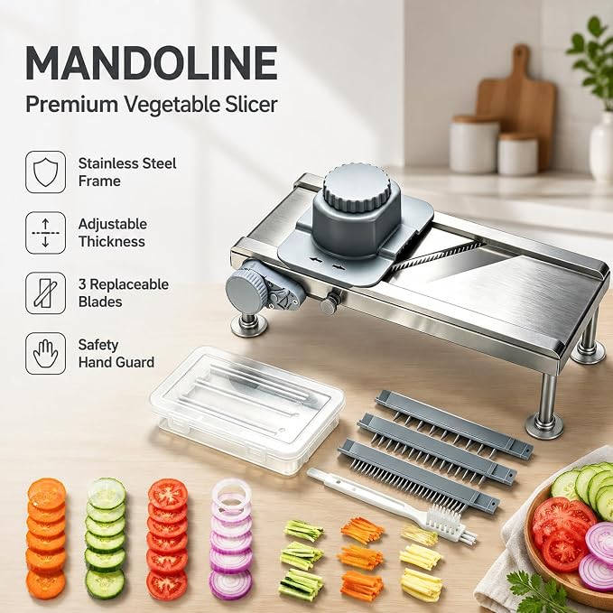 Goldtree Mandoline Slicer Adjustable Vegetable Onion Potato Food Cutter | Stainless steel structure, Precisely adjustable slice thickness, 3 strip-cutting blades, Latest safety hand guard