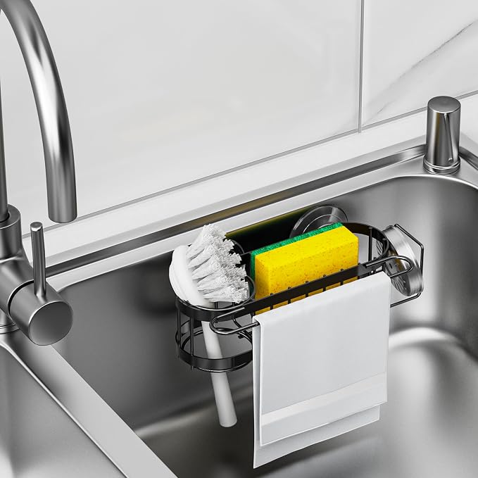 Cisily Kitchen Sink Caddy Sponge Holder in The Sink, Stainless Steel Kitchen Sink Organizer, Brush Holder, Dish Cloth Hanger, Sink Stopper Holder (Suction cup-Black)