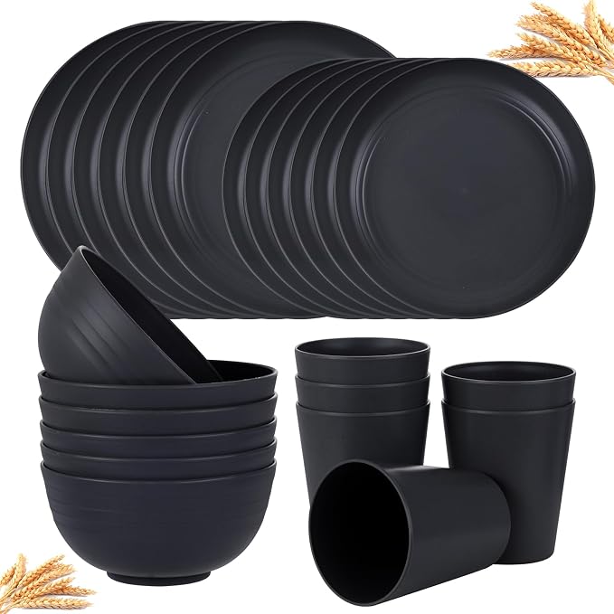 24pc Black Wheat Straw Dinnerware Set, Unbreakable Dish Set for 6 | 24pc matte black wheat straw dinnerware set for 6. Lightweight, unbreakable, microwave & dishwasher safe kitchen dish set.