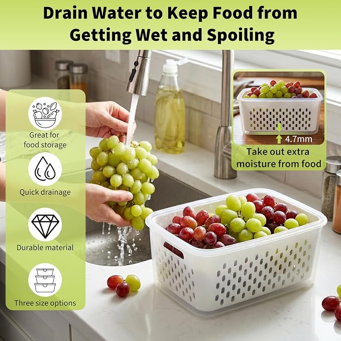 Fruit Storage Containers for Fridge, Grape Organizers with Removable Colander, 3-Pack No-Leak Design, Durable and Easy to Clean, Keeps Grapes Fresh, Perfect for Fridge Storage and Organization