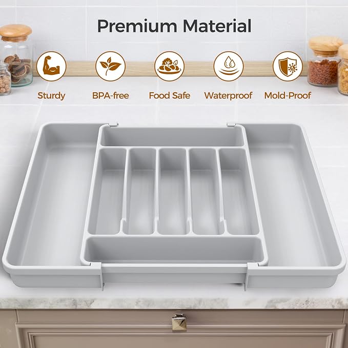 ukeetap Extra Large Expandable Silverware Organizer, Flatware Tray,Gray | BPA-Free Food-Safe Kitchen Utensil Cutlery Drawer Organizer, Adjustable Silverware Holder for Spoons Forks Knives