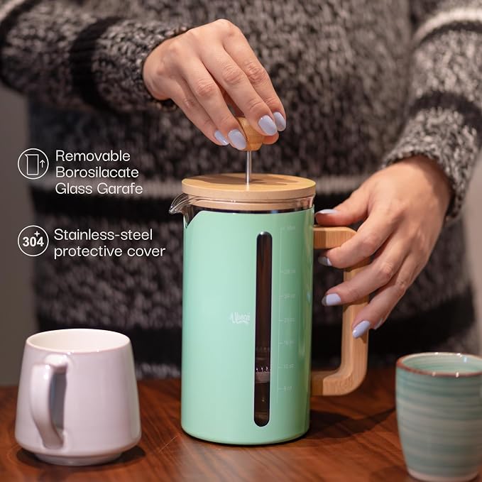 French Press 34 oz Coffee Maker | Mint Green | Thick Borosilicate Glass | Bamboo Handle 2-Layer | Stainless Filter and cover | Easy Clean Eco-Friendly Gift ready Set