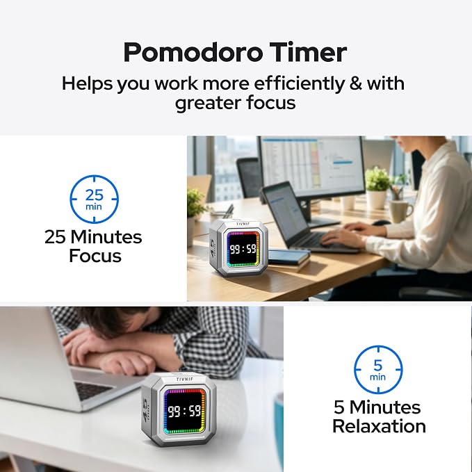 Kitchen Timer Visual Timer for Kids Color Display Gravity Sensor Cube | Digital Pomodoro Timer with Loud Alarm, Magnetic Back, Easy Use for Cooking, Classroom, Study & Productivity
