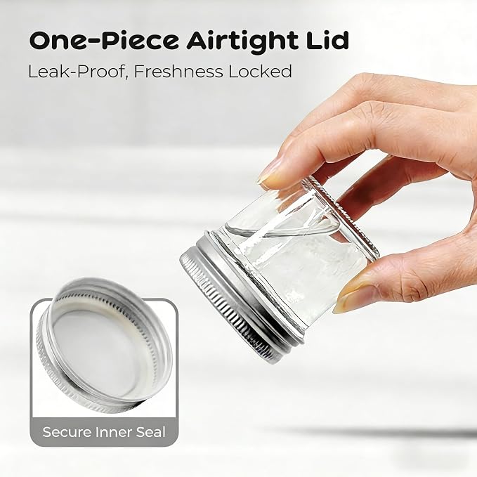 48 Pack 2 oz Mini Mason Jars Bulk Set, Small Glass Jars with Lids | One-piece airtight lids with inner seals; for ginger shots, honey, sauces, spices and wedding favors; labels, twine & tags.