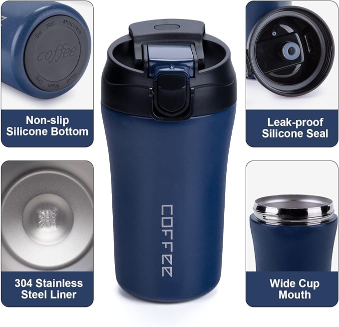 14 oz Travel Coffee Mug, 2 Pack Vacuum Insulated Coffee Travel Mug Spill Proof with Lid and Straw, Stainless Steel Reusable Coffee Tumbler for Hot and Cold Drinks, Gift for Men and Women(Red Blue) | Spill proof coffee travel mug with lid & straw for ho...