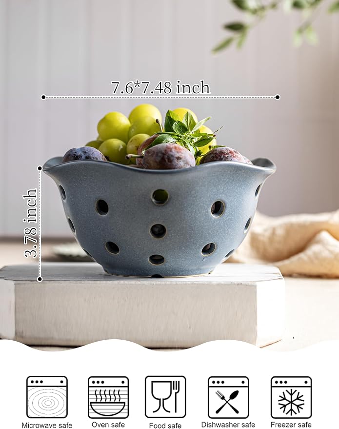 Gomakren Fruit Basket Set of 2, Ceramic Fruit Bowl Berry Basket with Holes, 7.6 Inch Fruit Containers Colander for Fridge - Farmhouse Kitchen Decor, Slate Blue